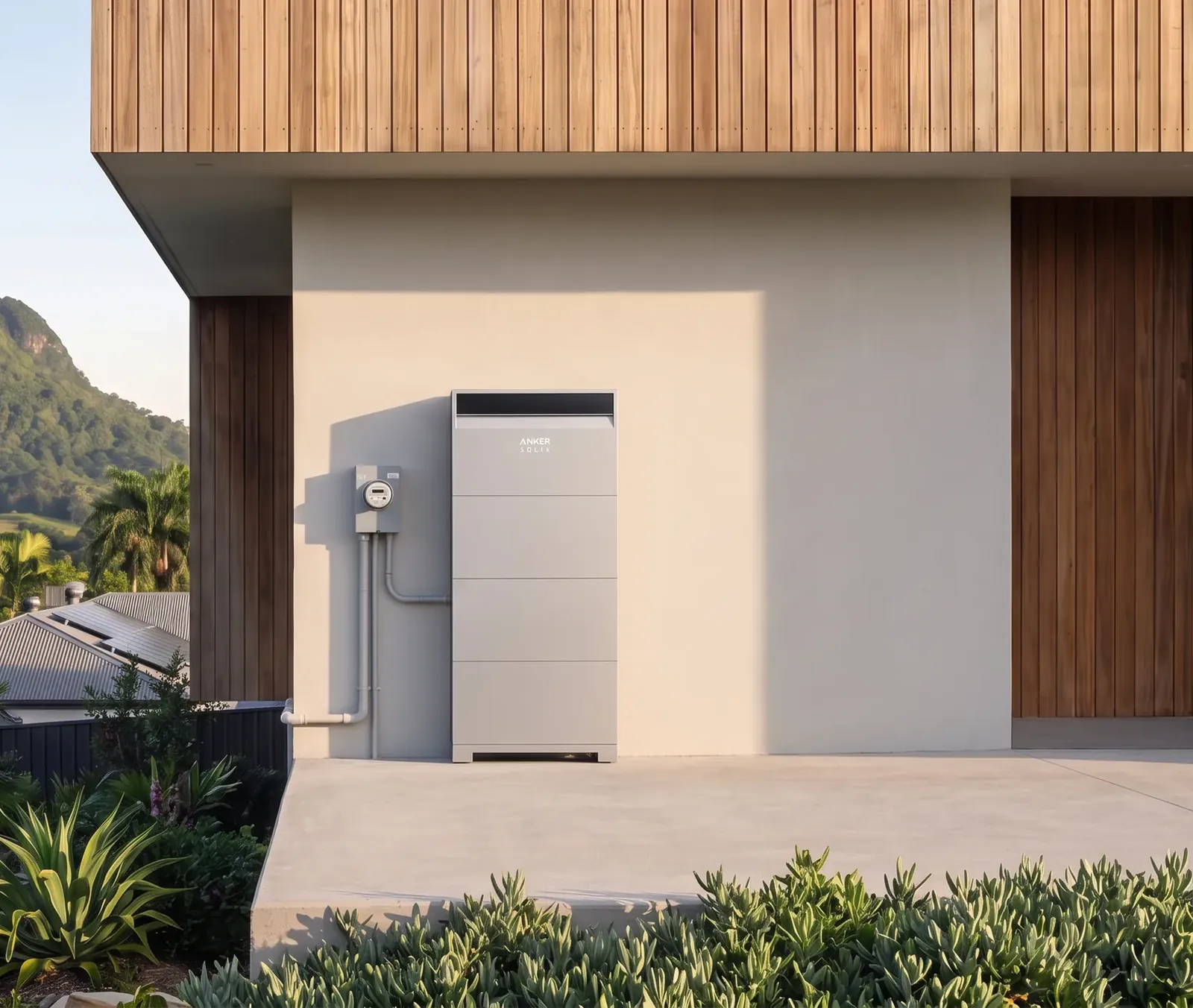 An Anker SOLIX X1 home battery installed on the wall of a Northern NSW home