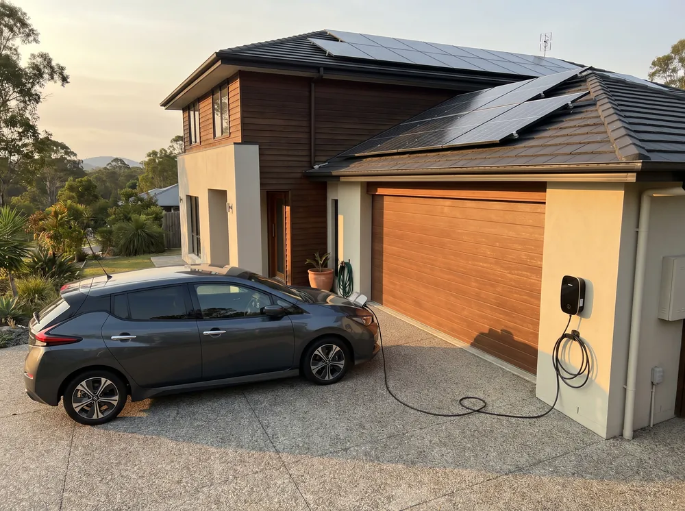 An electric car plugged into a home wall charger in the driveway, rooftop solar above