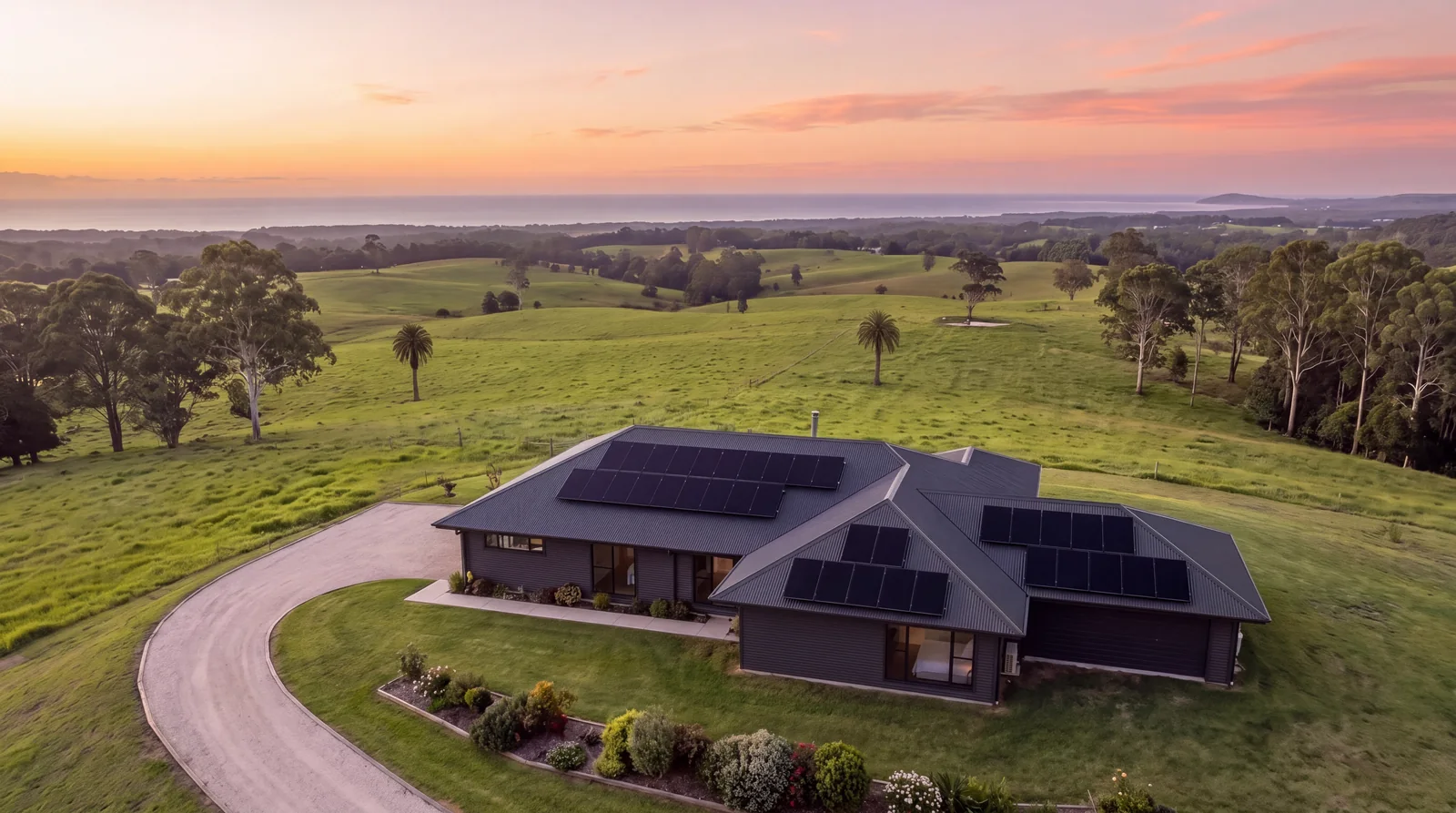 A Byron hinterland home with black solar panels on its roof at sunset, gravel driveway and garden, open pasture and the ocean on the horizon