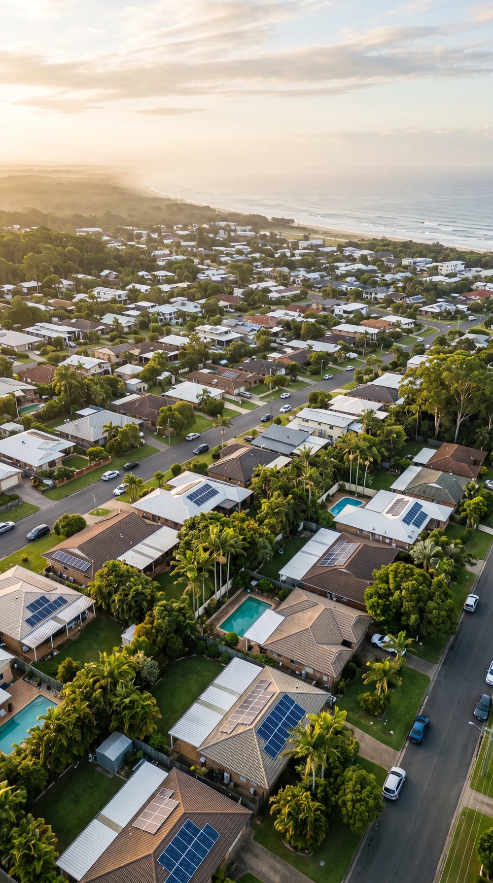 A Northern NSW coastal suburb at sunrise with rooftop solar